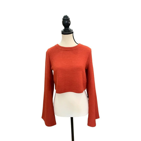 Orange Ribbed Knit Cropped Top With Bell Sleeves & Cutout Back Size S - Picture 3 of 11